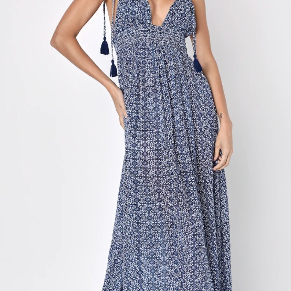 Lulu's Field Day Navy Blue Print Maxi Dress Size Small
